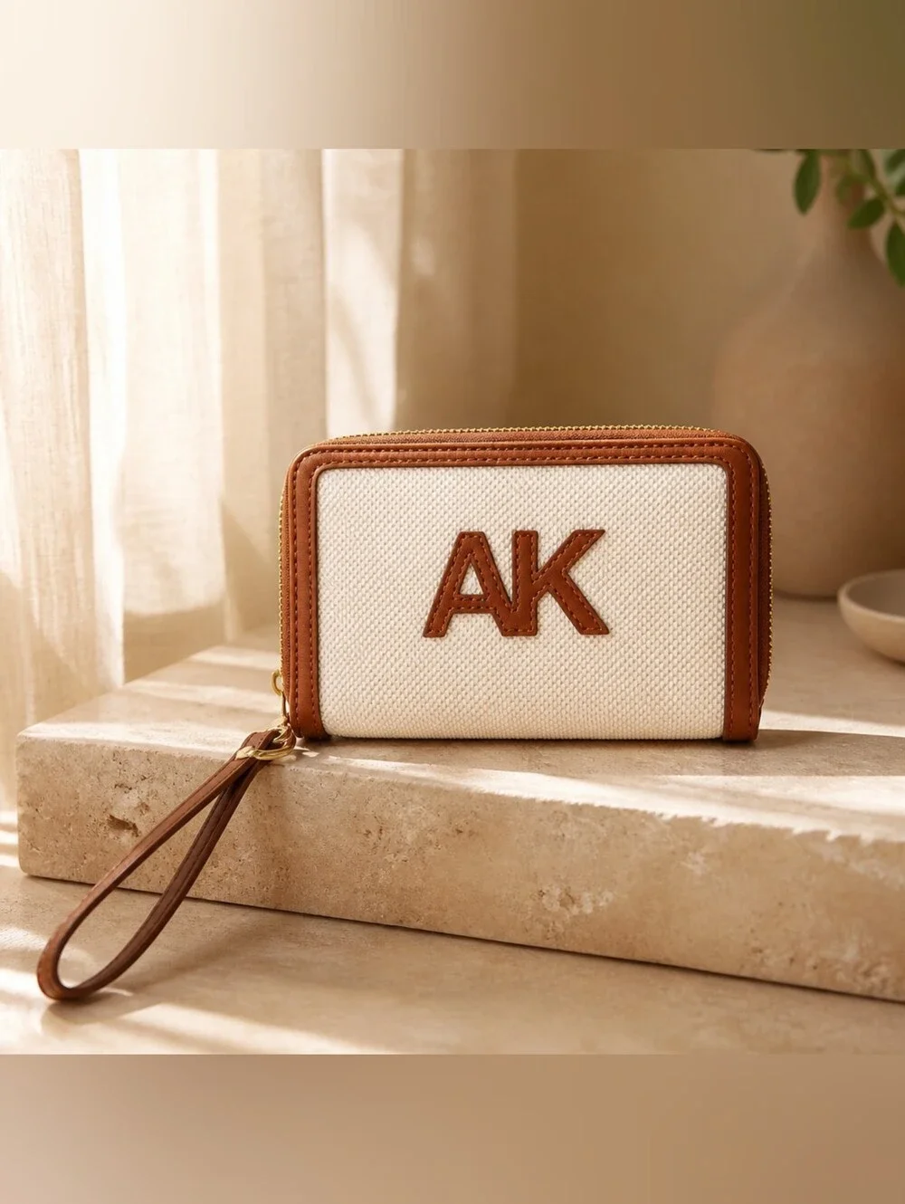 AK Tan & Ivory Canvas Zip Around Wristlet Wallet